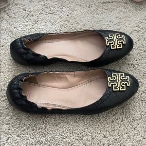 Tory Burch Black Flats with Gold Logo